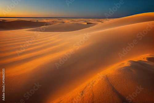 Stunning sunrise illuminating the vast sand dunes of the Sahara Desert. Golden light casts perfect shadows  showcasing the beauty and grandeur of Africa s majestic landscape 