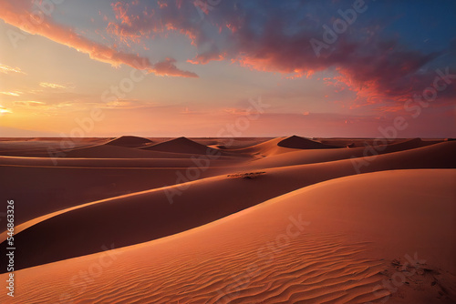 Majestic sunset illuminating the vast sand dunes of the Sahara Desert, capturing nature's tranquil spectacle against a dramatic sky. Perfect moment of solitude in Africa's expanse. 