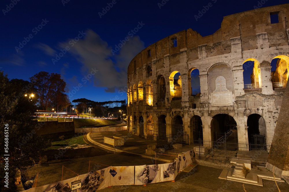 rome, italy, colosseum old ancient building gladiator battle at night.