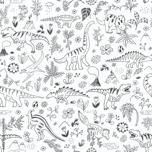 Dinosaur collection vector seamless pattern.