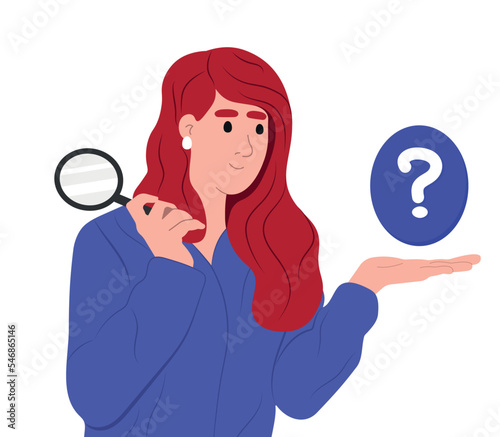 Investment research and curiosity concept. Young smiling girl holding a magnifying glass and pecks answers to questions.Flat vector illustration