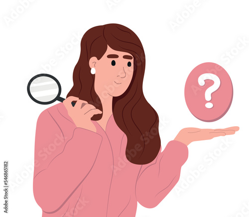 Investment research and curiosity concept. Young smiling girl holding a magnifying glass and pecks answers to questions.Flat vector illustration