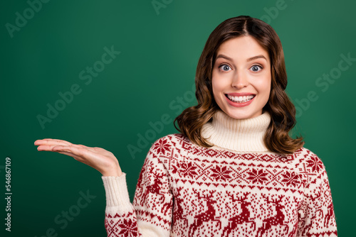 Portrait of lovely positive person toothy smile arm palm hold demonstrate empty space festive proposition isolated on green color background