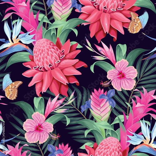 Seamless pattern with exotic flowers and leaves
