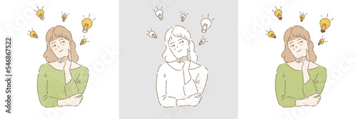 Young woman figuring out creative ideas as light bulbs, problem solving. Hand drawn flat vector illustration isolated on colored background.