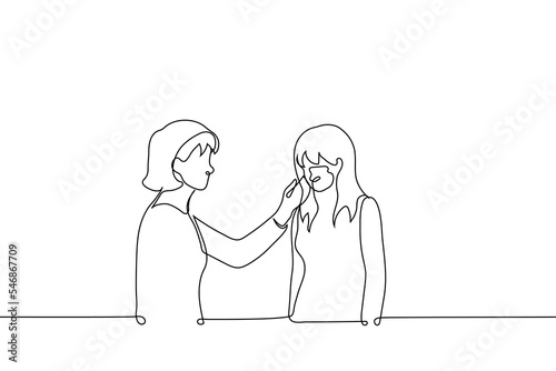 woman stroking the cheek (head) of a girl with her head down - one line drawing vector. concept to comfort and support someone, console or forgive