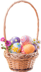 Happy Easter day colorful eggs in basket with flowers