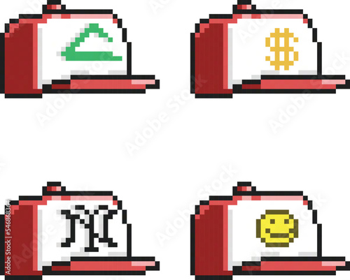 4 Red hats with various designs on the front pixel art
