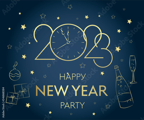 Happy New Year greeting card vector template. Festive Christmas social media banner design with congratulations. Gold number 2023 framed with realistic illustration of confetti with typography.