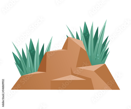 Brown Stone Boulder and Grass Blades Vector Illustration