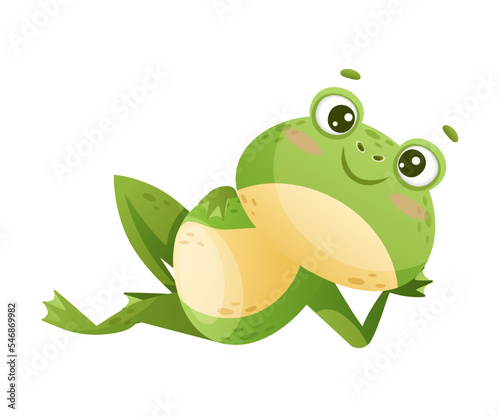 Cute Green Leaping Frog Character Lying and Smiling Vector Illustration