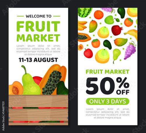 Fruit market flyer, promotional leaflet, page cover. Healhy organic food banner, card cartoon vector