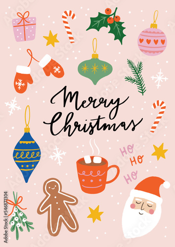 Cute Christmas Vector Illustration. Set Of Isolated Elements And „Merry Christmas” Lettering. Perfect For Holiday Greeting Cards.