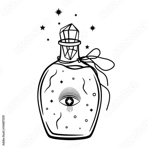 Hand drawn mystical glass bottle with star, eye and diamond in line art. Magic collection, symbol, talisman, antique style, boho. Vector doodle sketch illustration isolated on white background