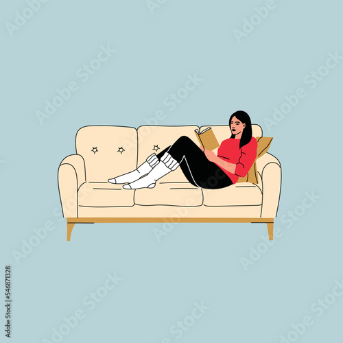 Young woman reading book vector background. Relaxed girl comfortable sitting on the sofa and reading, isolated on white backdrop. Modern home interior illustration. Concept of homeward and comfort.
