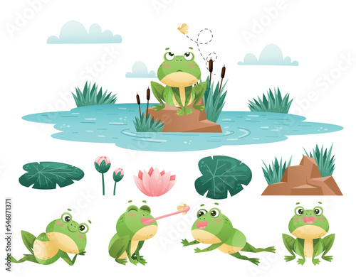Cute Green Leaping Frog Character in Pond with Water Lily and Reed Vector Set