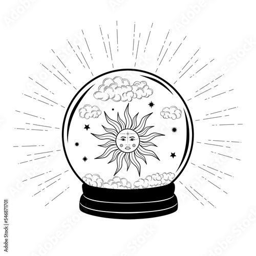 Hand drawn mystical crystal ball with star, cloud and Sun with face in line art. Magic collection, symbol, talisman, antique style, boho. Vector doodle sketch illustration isolated on white background