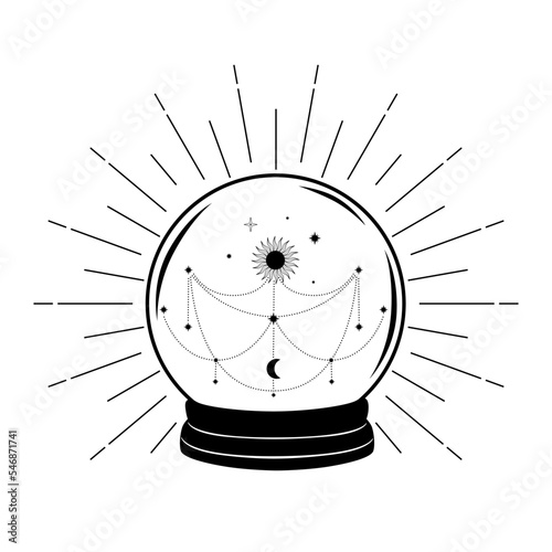 Hand drawn mystical crystal ball with star and Sun in line art. Magic collection, symbol, talisman, antique style, boho. Vector doodle sketch illustration isolated on white background