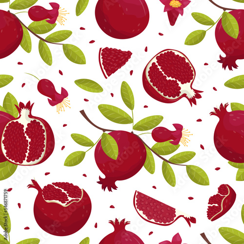 Organic fresh juicy pomegranate seamless pattern. Sweet garnet repeating print for wallpaper, wrapping paper, textile, package design cartoon vector