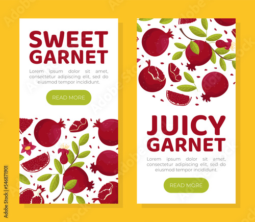 Sweet garnet mobile app templates set. Organic fresh juicy fruit web banner, landing page cartoon vector