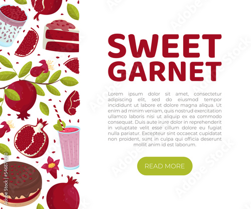 Sweet garnet landing page template with space for text. Organic fresh fruit web banner, website cartoon vector
