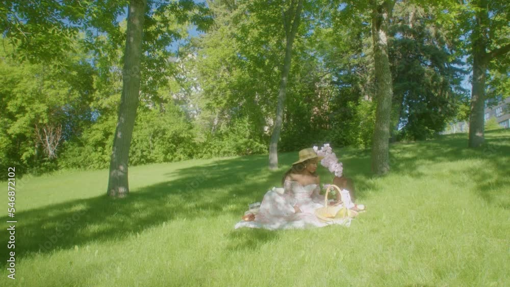 Black Woman watching waiving in park picnic blanket Black Woman watching waiving in park picnic blanket