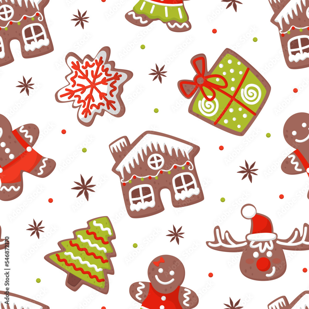 Gingerbread cookies seamless pattern. Christmas and New Year repeating print for wallpaper, wrapping paper, textile, package design cartoon vecto Gingerbread cookies seamless pattern. Christmas and New Year repeating print for wallpaper, wrapping paper, textile, package design cartoon vecto