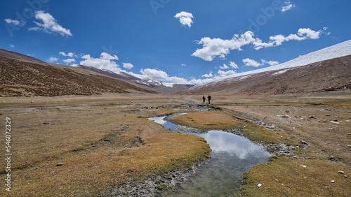 Two hikers heading to Nimaling campsite in Markha valley, Ladakh photo