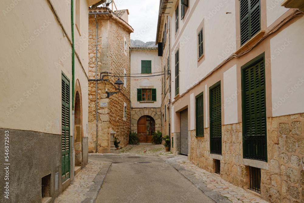 empty historic streets of Soller, the famous city of Mallorca island (Spain) 