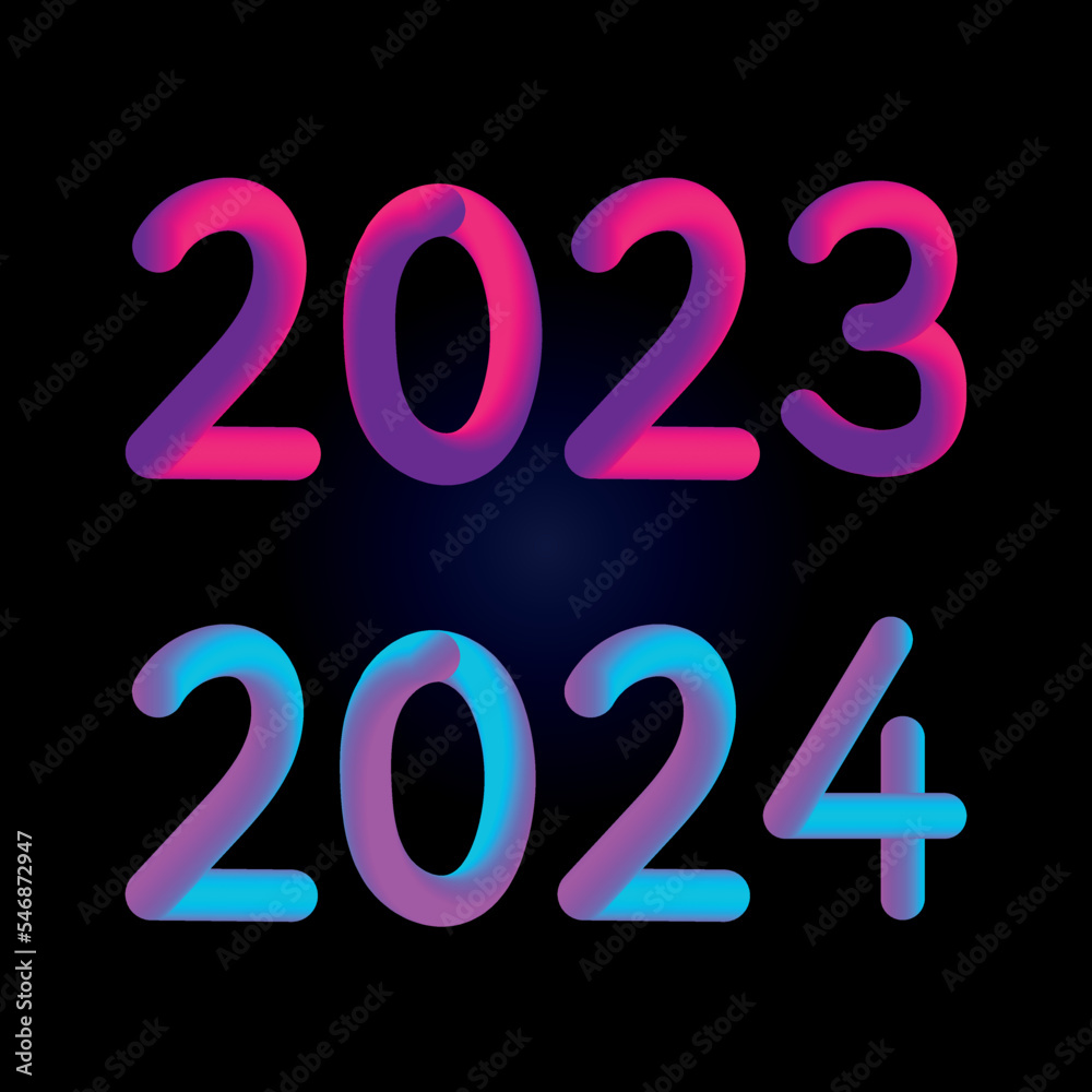 Happy new year 2023 2024 future metaverse neon text neon with metal effect, numbers and futurism lines. Vector greeting card, banner, congratulation poster 3d illustration. Modern trendy electronic