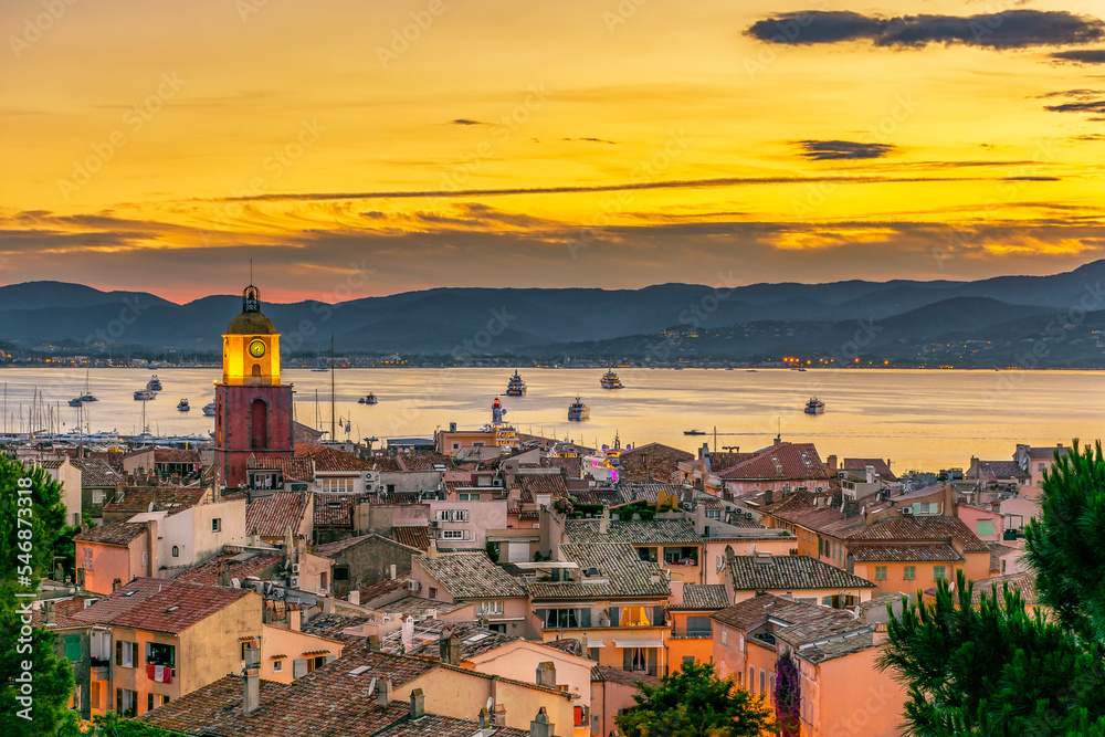 Scenic view of Saint Tropez against yellow summer sunset