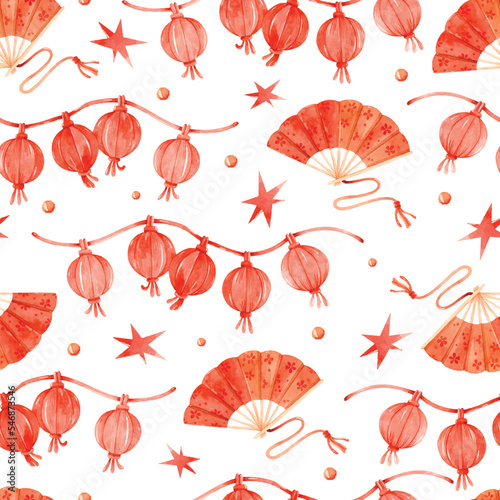 Chinese paper lanterns garland and fan watercolor seamless pattern 
