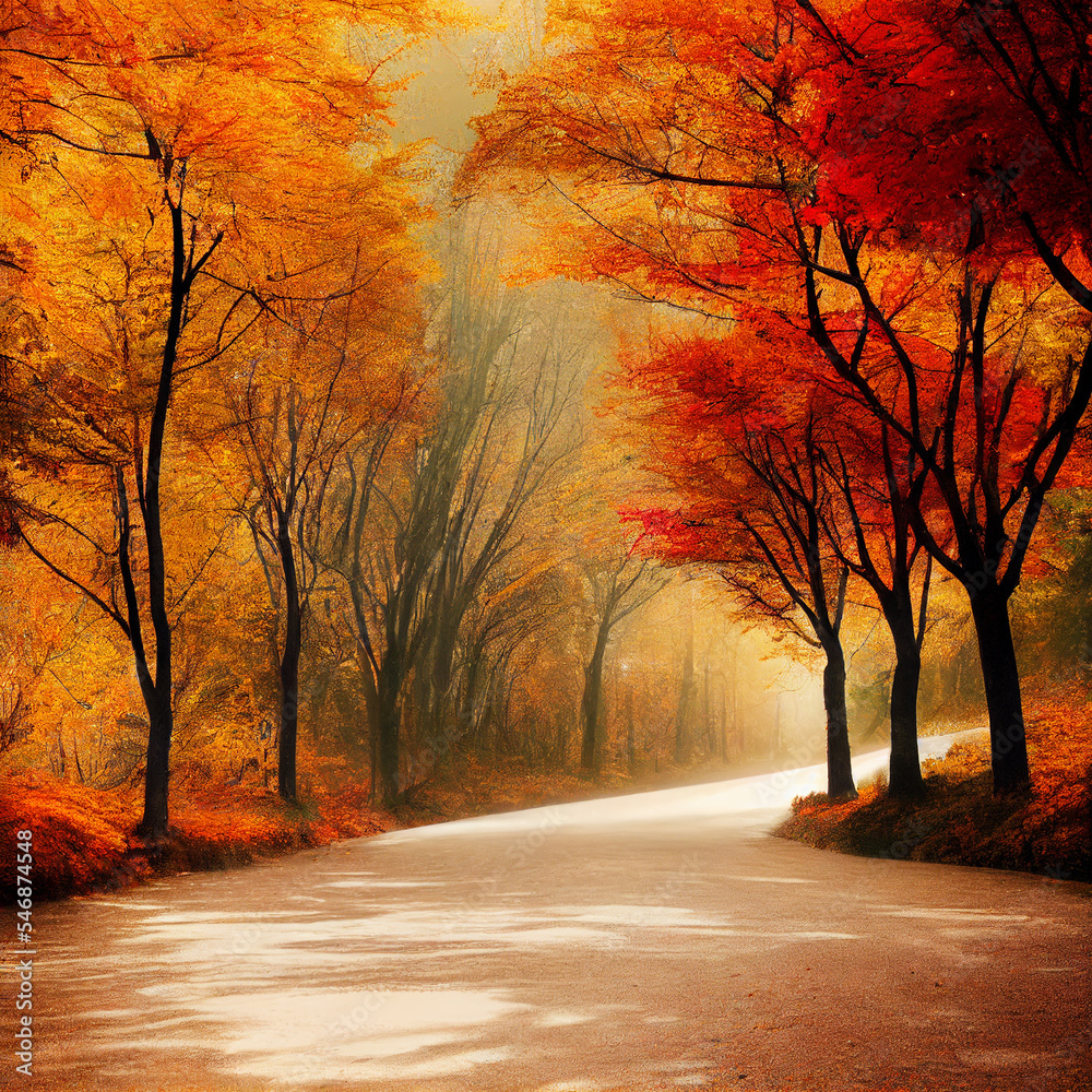 road in forest in autumn with red leaves