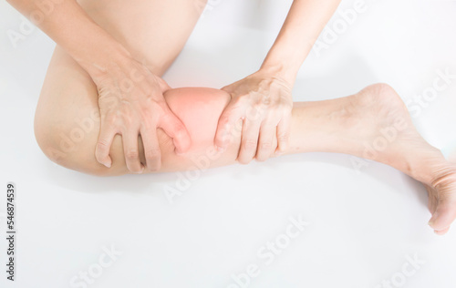 Pain in the muscles of the foot and knee joint, the human body, on a white background