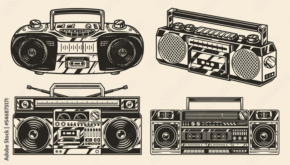Music equipment set sticker monochrome - obrazy, fototapety, plakaty 