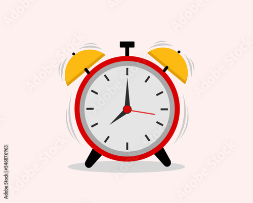 Red alarm clock wake up time isolated on blue background in flat style illustration