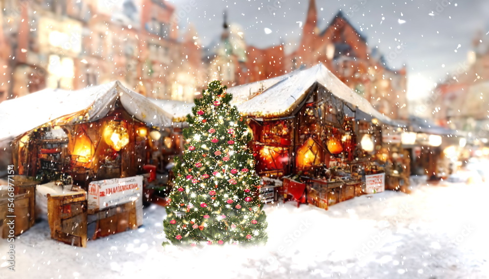  Christmas tree on on marketplace medieval town  blue sky and snow flakes holiday city greetings winter card