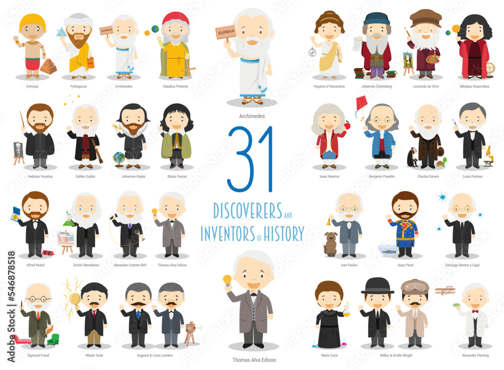Kids Vector Characters Collection: Set of 31 great Discoverers and  Inventors of History in cartoon style. Stock Vector | Adobe Stock