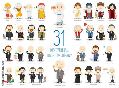 Foto Kids Vector Characters Collection: Set of 31 great Discoverers and Inventors of History in cartoon style