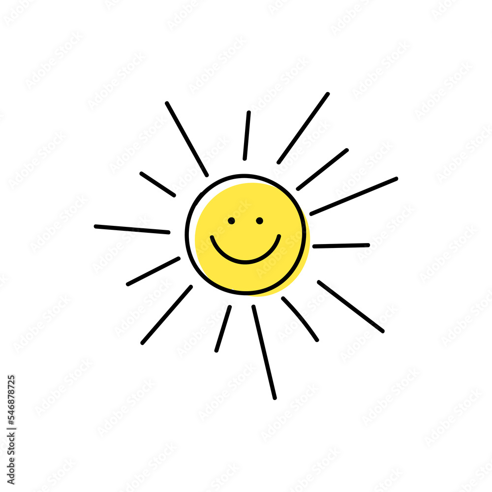 Smiling yellow sun with rays hand drawn icon Smiling yellow sun with rays hand drawn icon