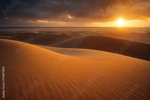 Stunning sunset over Sahara Desert, highlighting the intricate patterns of vast sand dunes. A mesmerizing moment capturing nature's beauty at its best in Africa 