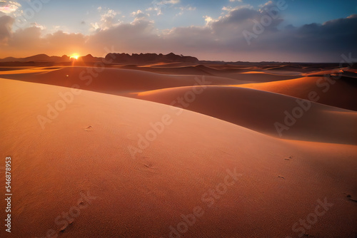 Breathtaking sunset illuminating Sahara Desert's sand dunes, with distant mountains silhouetted against a golden sky. An iconic image capturing Africa's vast, serene beauty. 