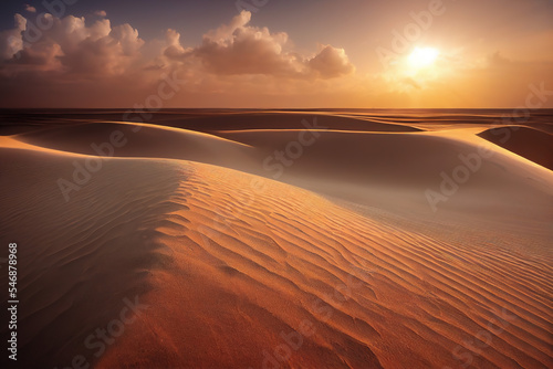 Majestic sunset over Sahara Desert  casting shadows on undulating sand dunes and highlighting footprints. A mesmerizing display of nature in the vast African landscape.      