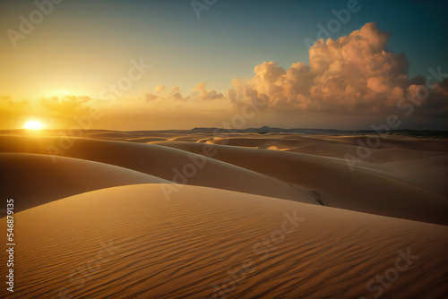 Golden sunset over Sahara Desert, illuminating vast sand dunes with gentle curves and shadows. Majestic clouds enhance the horizon's allure, epitomizing Sahara's tranquil beauty.