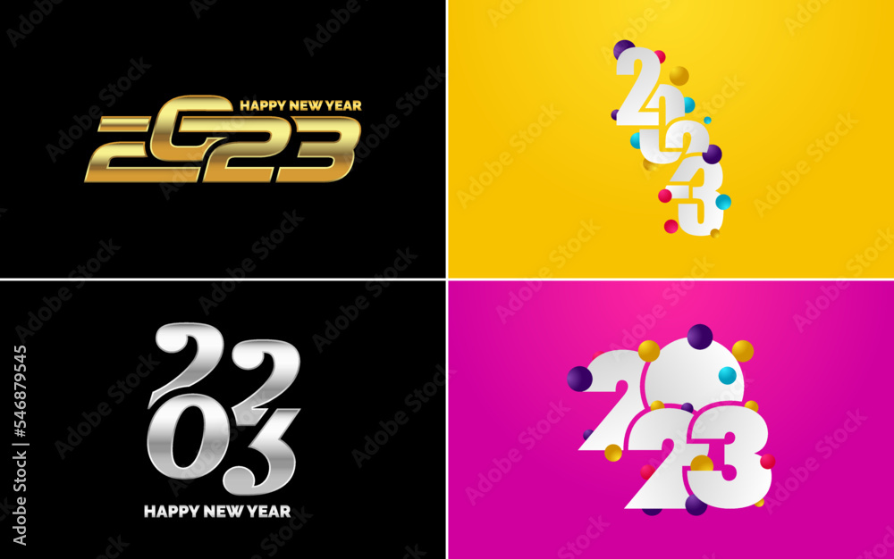 Big set 2023 Happy New Year black logo text design. 20 23 number design template. Collection of symbols of 2023 Happy New Year. New Year Vector illustration