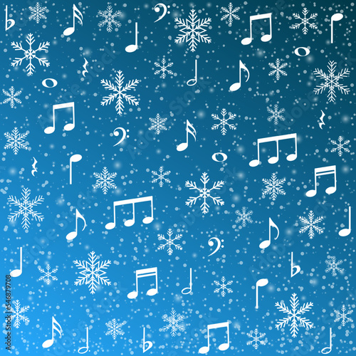 White music notes and snowflakes background, vector illustration.