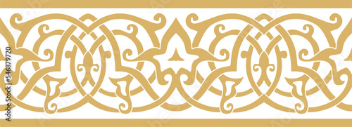 Vector seamless golden oriental ornament. Endless Arabic patterned border, frame. Persian painting