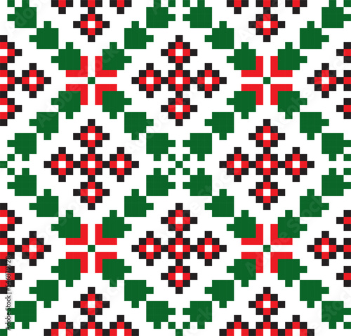 Vector colored seamless Ukrainian national ornament, embroidery. Endless ethnic floral border, Slavic peoples pattern. Red cross stitch.