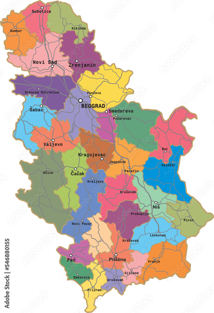 Vector colored administrative map of Serbia. The territory of a European state with large cities, borders of regions. and roads.