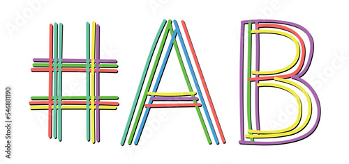 AB Hashtag. Isolate doodle lettering text from multi-colored curved neon lines like from a felt-tip pen, pensil. #AB is abbreviation for the Canadian Alberta for banner, social network, t-shirts